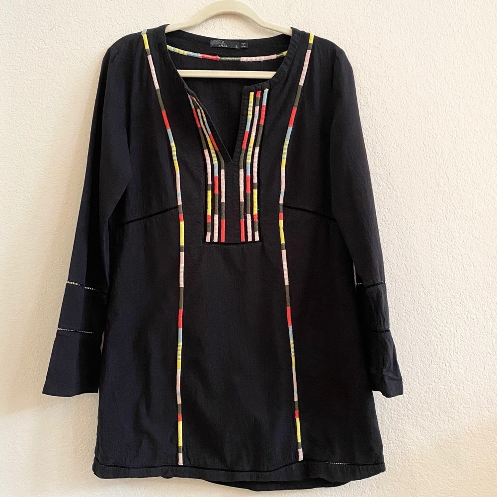 Prana Black Long Sleeve Tunic‎ Dress With Colorful Embroidery Size Small